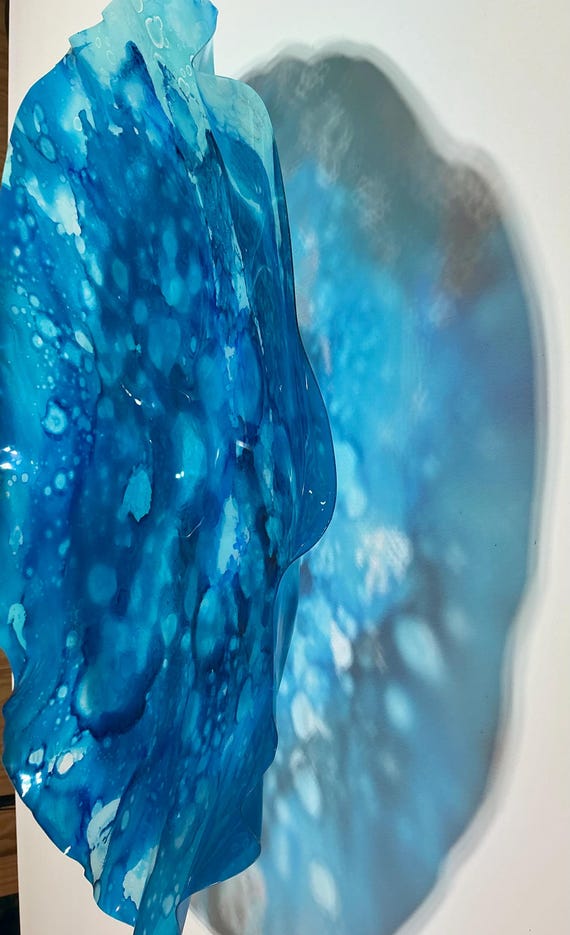 Blue & aqua XX large wall flower art 24” handmade up cycled polymer looks like glass/easy to hang