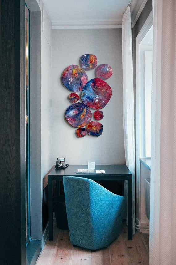 Large Wall Flower colorful mural home decor 9 coral/yellow/blue/red/orange original handmade up cycled polymer/looks like glass