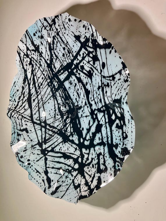 Recycled water bottle art handmade light blue/black splash boho beach nautical home decor extra large 19” looks like glass