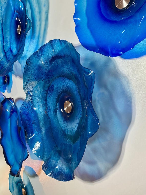 Unique Wallflower Mural in cobalt blue - Glass-Look Wall Art for Commercial & Home Design-handmade up cycled polymer 9 pieces