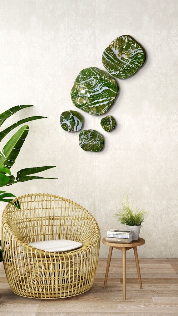 Boho Green & Gold Wall Flower Sculpture Set: Recycled Plastic Art