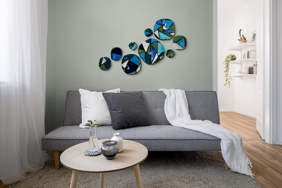 Wall sculpture 9 black/aqua marine/teal/khaki/blue/white handmade recycled plastic/home decor/large wall mural/looks like glass/porch art