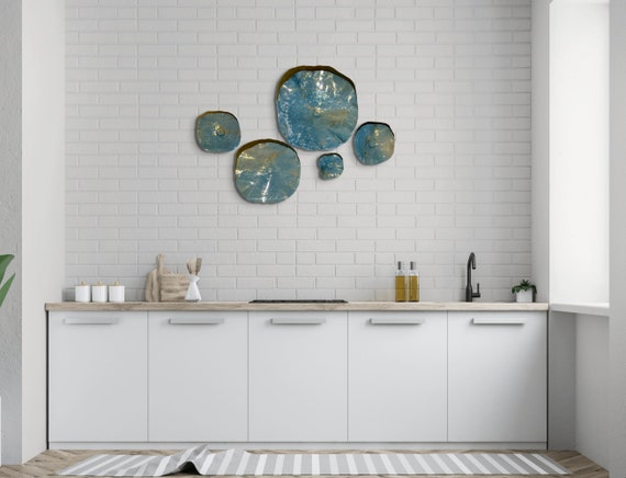 Original Wall sculpture plate 5 slate blue/gold/white handmade recycled plastic/boho home decor/large wall mural/looks like glass/porch art