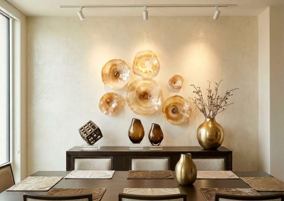 Set of 6 Handmade Wall Flowers in Gold, honey amber, tan and brown ochre  - Unique up cycled Polymer - glass like look
