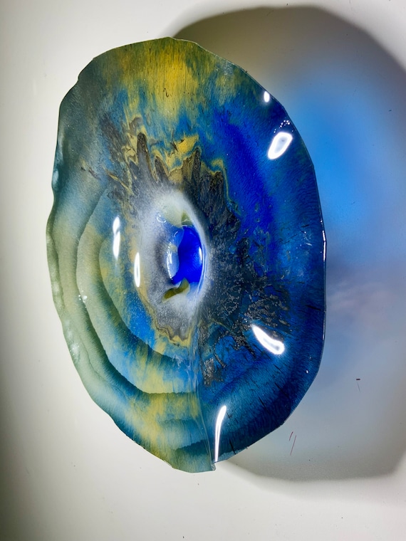 Original small wall flower 9” handmade recycled polymer- blue, gold, white & khaki green - looks like glass