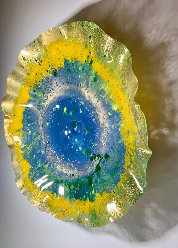 Handmade XX Large Gold Wall Flower: Saffron Yellow, Periwinkle, Green Recycled PET Art- looks like glass