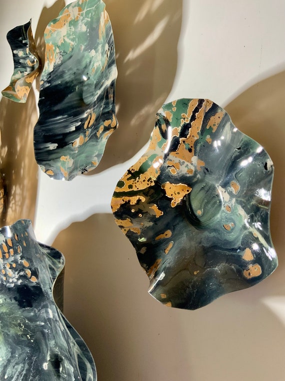 Neutral earth tone wall Flower art set 9 up-cycled plastic black/tan/brown/green/wall hanging/indoor outdoor home decor art/looks like glass