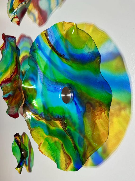 Unique Upcycled Polymer Wallflower Art - Bright Burgundy, Blue, Yellow & Green Home Decor- glass like look