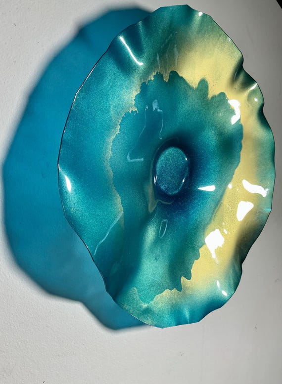 Wall flower home decor Art -blue & gold handmade from up cycled Polymer - 9” glass like look
