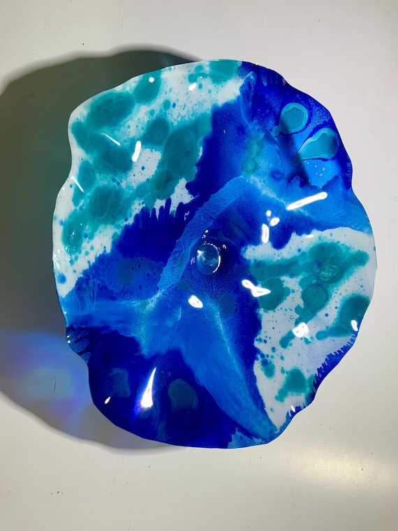 Coastal home decor wall flower handmade up cycled plastic 15” handmade blue/aqua green/white looks like glass/cool wall art/outdoor decor