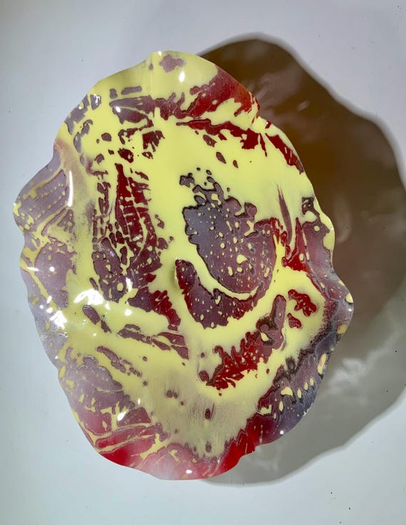 Up cycled plasti Extra large wall art living room decor/handmade 19” yellow/lavender/red cool home/Ocean Arts/looks like glass