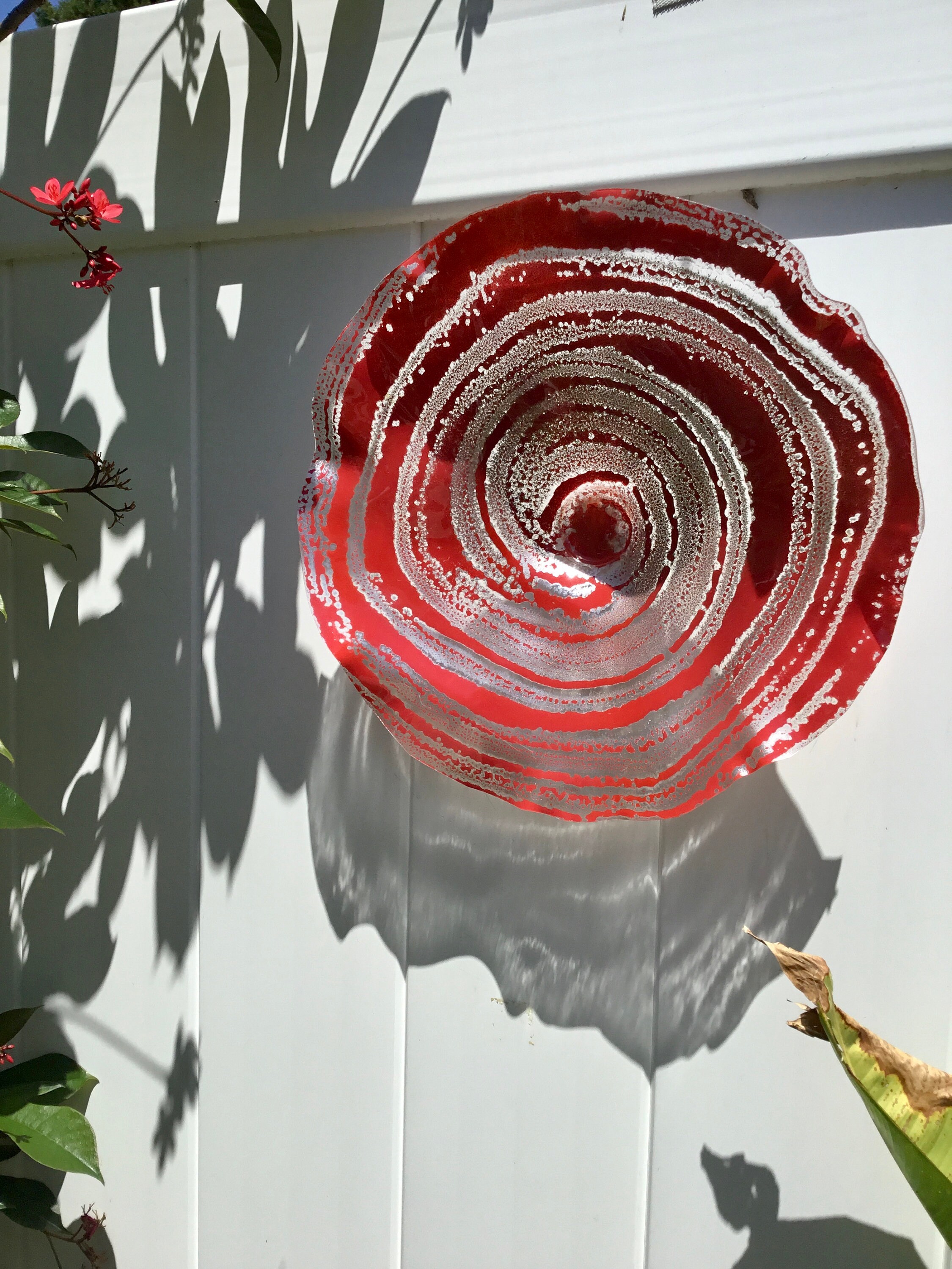 Wall Flower sculpture red/silver 12” up cycled plastic looks like glass ...