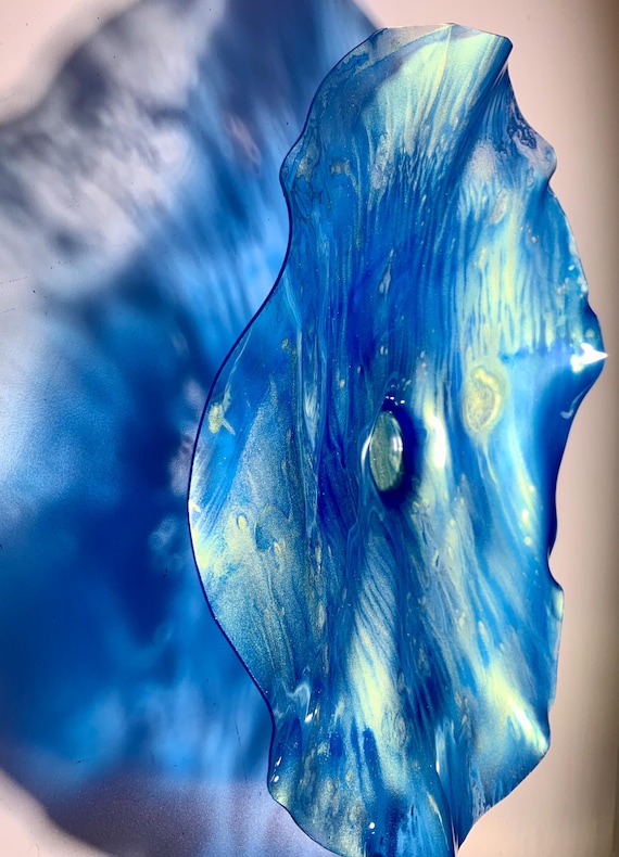 Recycled water bottle wall flower accent 12" blue/gold handmade eco art- boho beach home decor - patio art/looks like glass