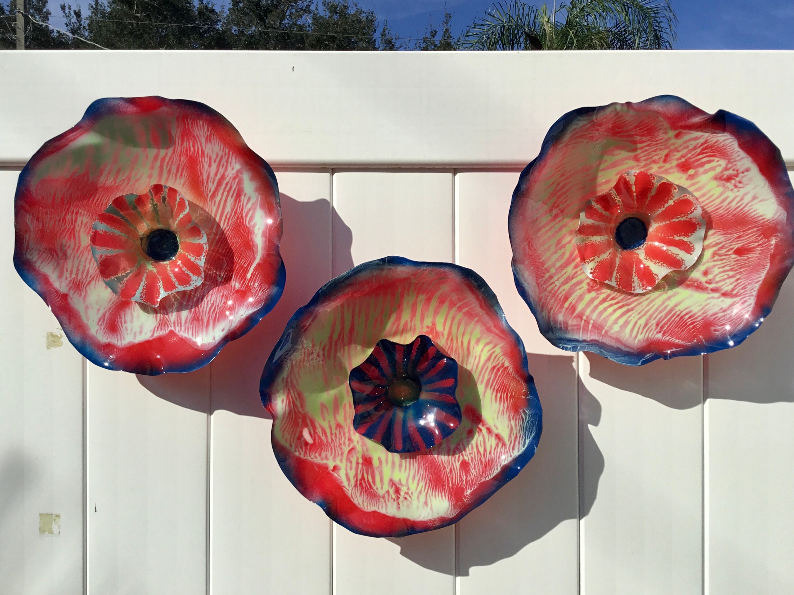 Red/blue/yellow Flowers Wall mount set of 3 up cycled plastic/large