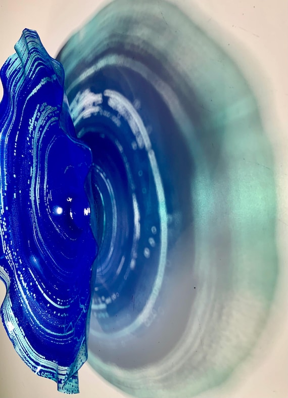 Handmade wall flower art 13” indigo blue & metallic teal - up cycled plastic - coastal home decor  - looks like glass