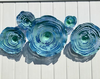 Wall sculpture Aqua blue/blue flowers art durable recycled plastic looks like glass/indoor outdoor wall Hanging art/you pick size/quantity