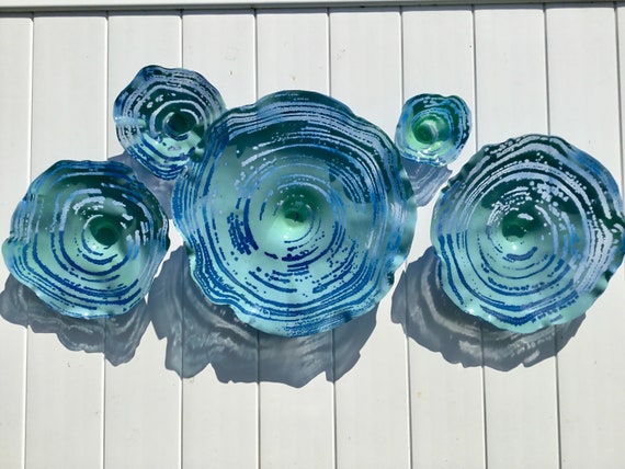 Wall sculpture Aqua blue/blue flowers art durable upcycled polymer looks like glass/- handmade wall Hanging art/you pick size/quantity