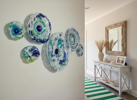 Blue, white & green  wall flower set of handmade/eco-friendly plastic looks like glass