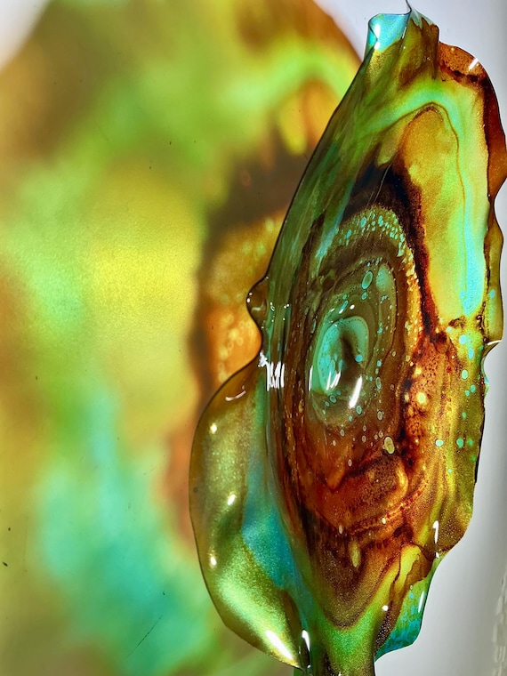 Eco-Friendly polymer wall flower, Sea Glass Look: Translucent Teal Green Decor with Copper & Brown Accents-looks like glass