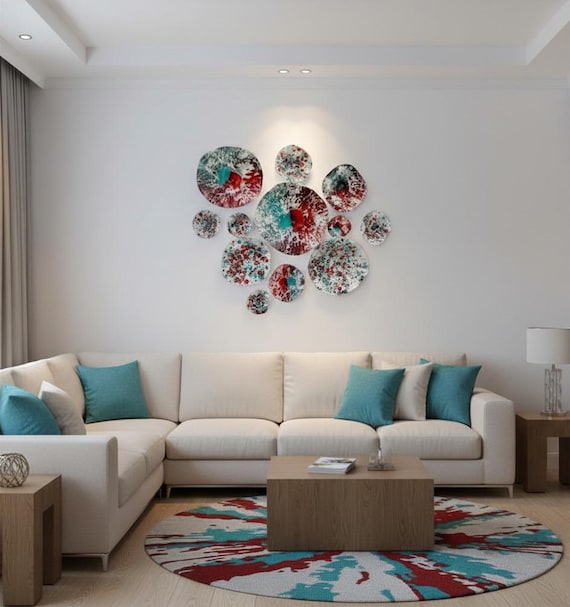 Large Wall Flower mural 11 white/Aqua blue/red handmade eco-friendly polymer/bedroom home decor- looks like glass