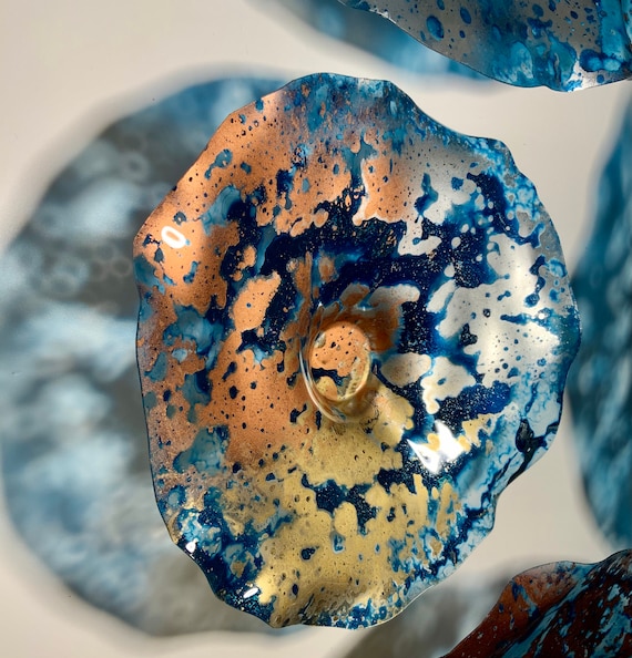 Teal blue/copper/silver/gold wall flower plate handmade recycled plastic looks like glass pick your size/quantity/home decor/boho yard art