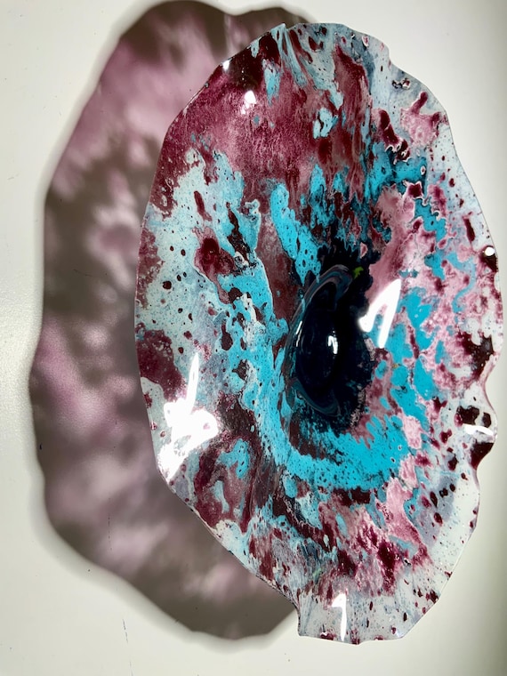 Cool wall art Small round wall flower maroon/black/aqua/white 9” handmade original eco friendly plastic/home wall decor art/looks like glass