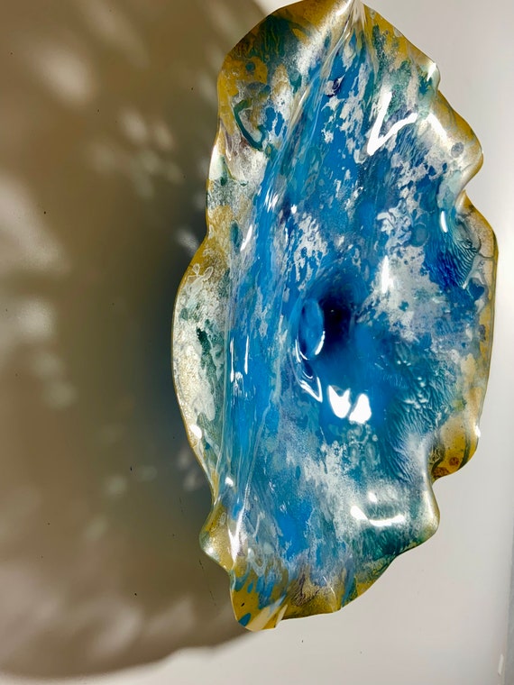 Medium wall flower handmade/up cycled plastic 12" sky blue/silver/green/boho home decor platter/ceiling mount/looks like glass/lanai art