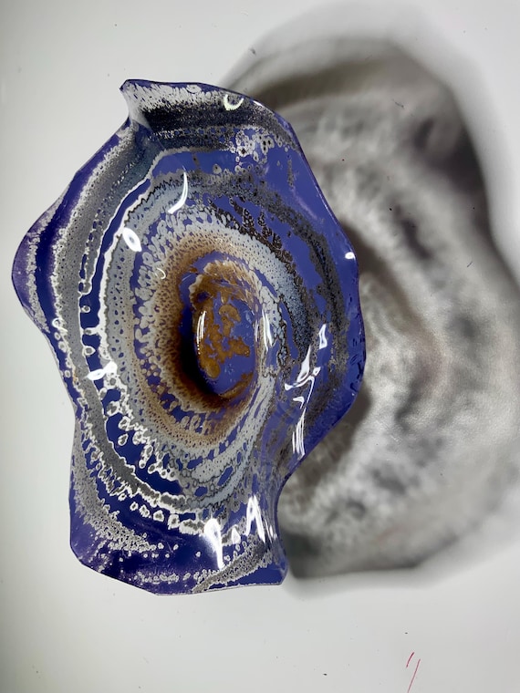 Handmade round platter wall hanging home decor recycled plastic extra small 5” stunning purple/white/copper looks like glass/outdoor art