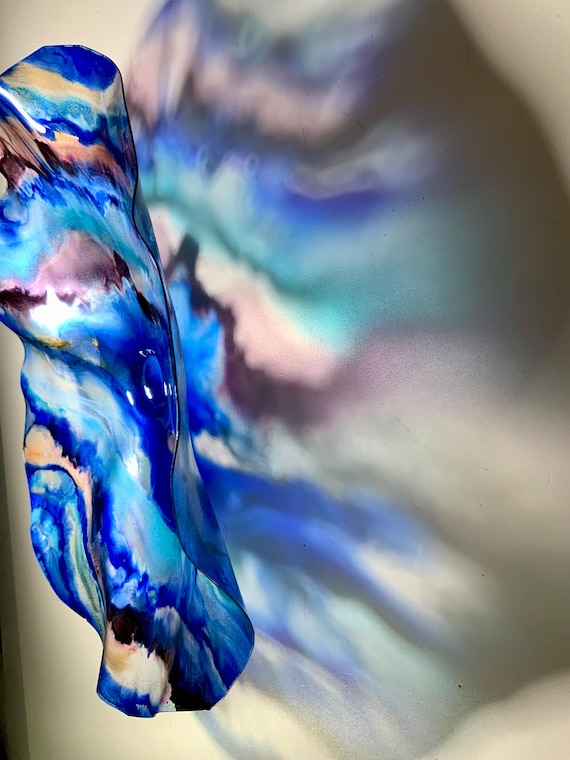 Handmade Large wall flower home decor art 15” fine art eco-friendly polymer- sky blue, mauve & white looks like glass