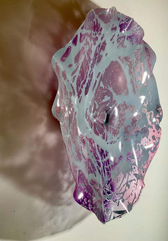 Circular wall flower handmade living room decor/recycled plastic 19” purple/lavender/gray/looks like glass/Todd Lynd art/unique gift