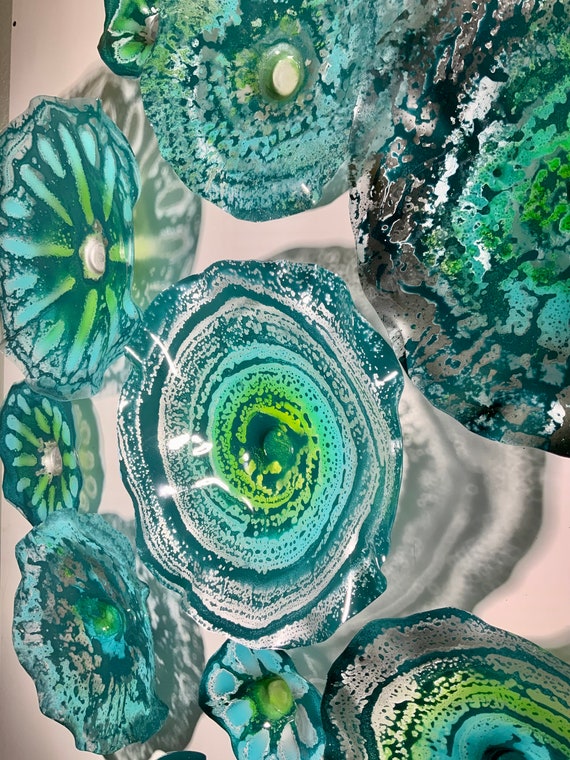 Made to order recycled plastic round floral Large mural art 16 handmade home decor teal green/lime yellow/Aqua blue/silver looks like glass