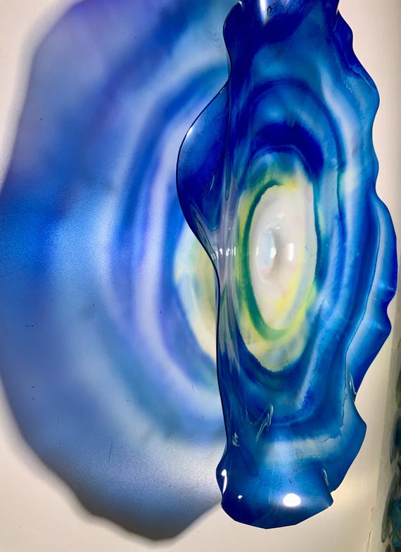 Handmade original round wall art recycled plastic 15” blue/white/yellow looks like glass/beach home decor