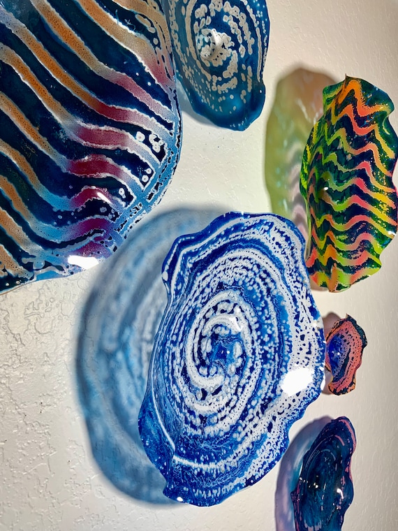 Wall flower sculpture set 5 handmade home decor - up-cycled plastic/mulit-color blues, pink, orange, yellow & silver - looks like glass