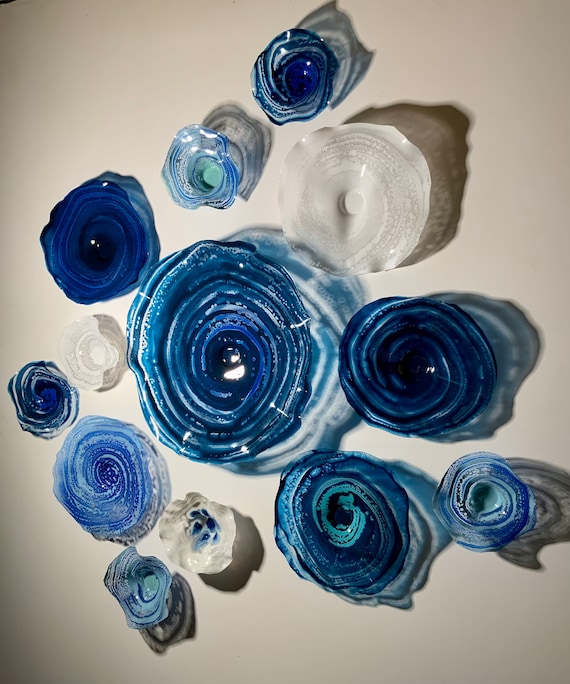 Custom made Wall Flower mural 13 oceanic blues/white handmade up-cycled polymer looks like glass/indoor outdoor/seaside original beach home