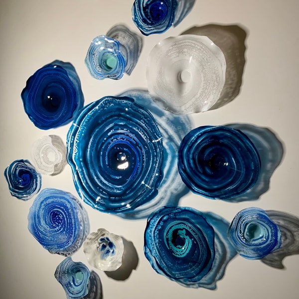 Custom made Wall Flower mural 13 oceanic blues/white handmade up-cycled polymer looks like glass/indoor outdoor/seaside original beach home