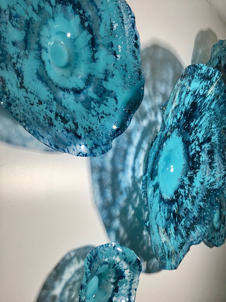 Aqua/teal blue flowers wall art sculpture handmade recycled plastic looks like glass/indoor outdoor boho home decor/You pick size/quantity image 3