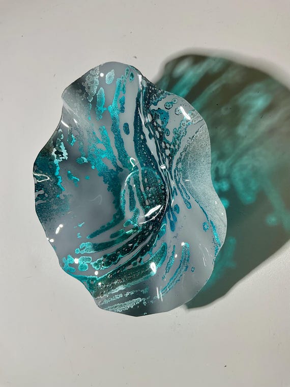Up cycled plastic one of a kind x-Small wall flower 5” handmade gray and teal home decor- looks like glass