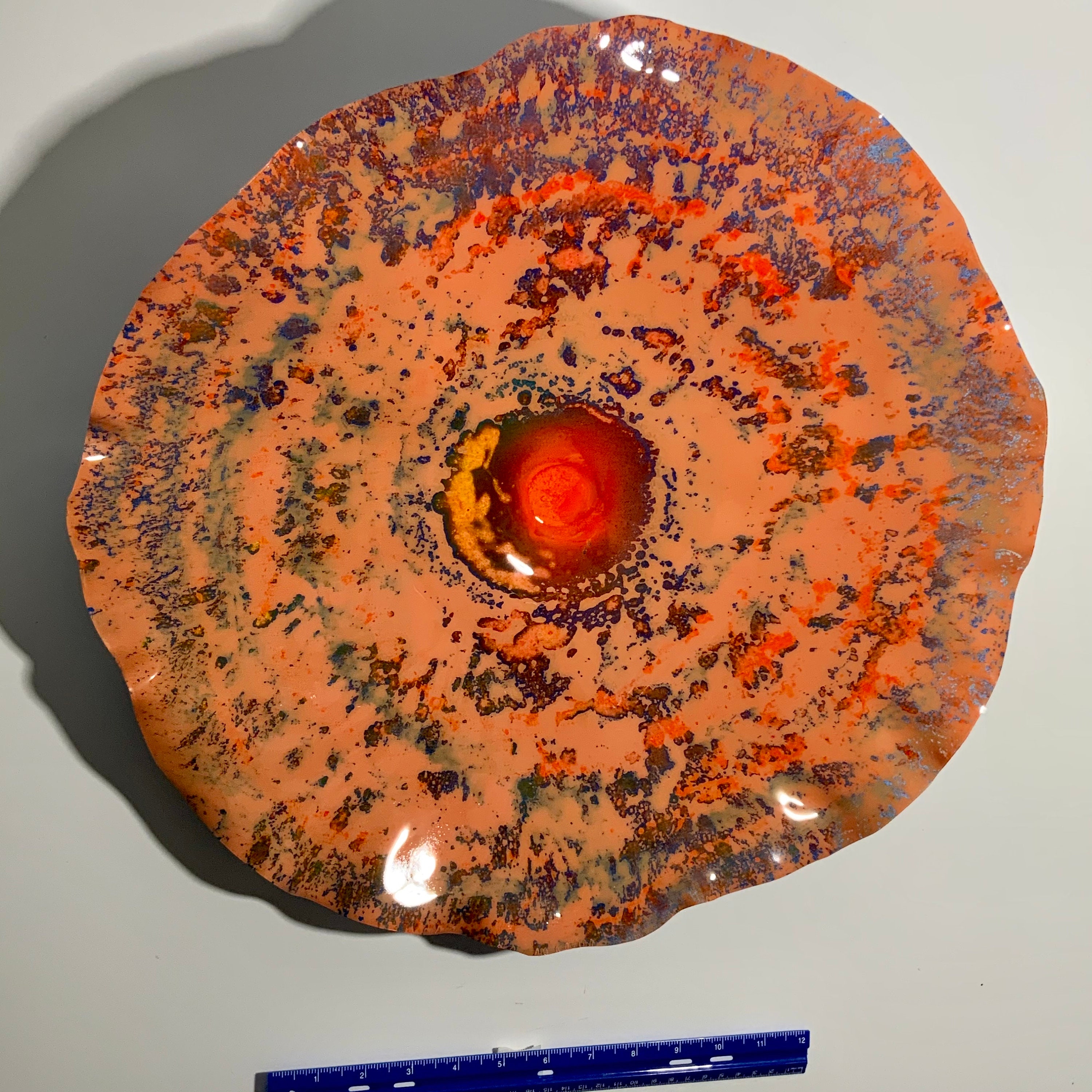 Extra large wall sculpture 18” coral orange/blue flower up cycled