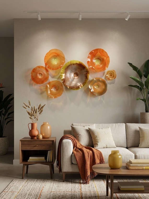 Exclusive Sea Glass Series: colorful shades of orange, yellow & silver -Wall Mural Set of 6 Handmade Recycled Polymer- glass like look
