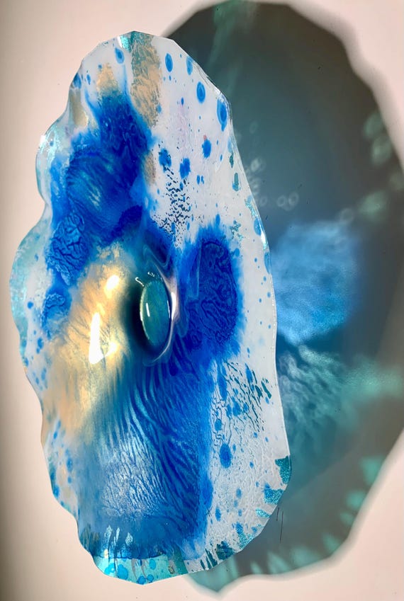 Handmade recycled plastic home decor Small Wall flower 9” white/gold/blue/coastal beach wall hanging decor/looks like glass/Todd Lynd art