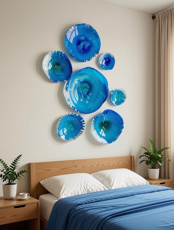 Coastal wall decor 7 ocean blues & white handmade beach house decor- eco-friendly polymer -  looks like glass - Ocean Arts