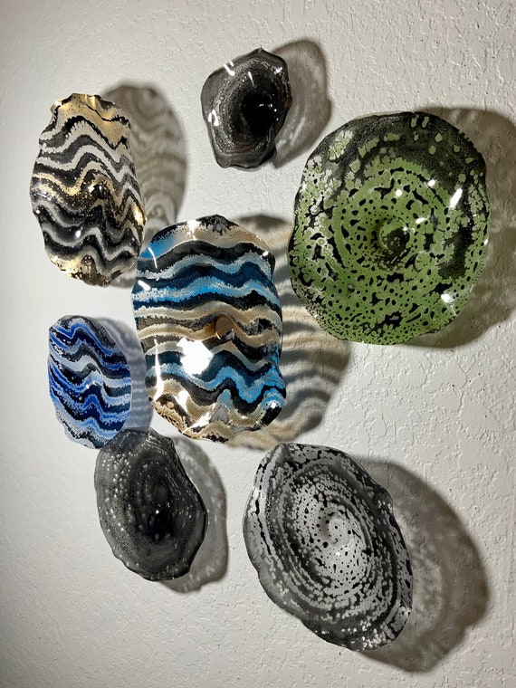 7 piece handmade Metallic black, gold, gray, blue, green & white home decor art - eco-friendly plastic - looks like glass
