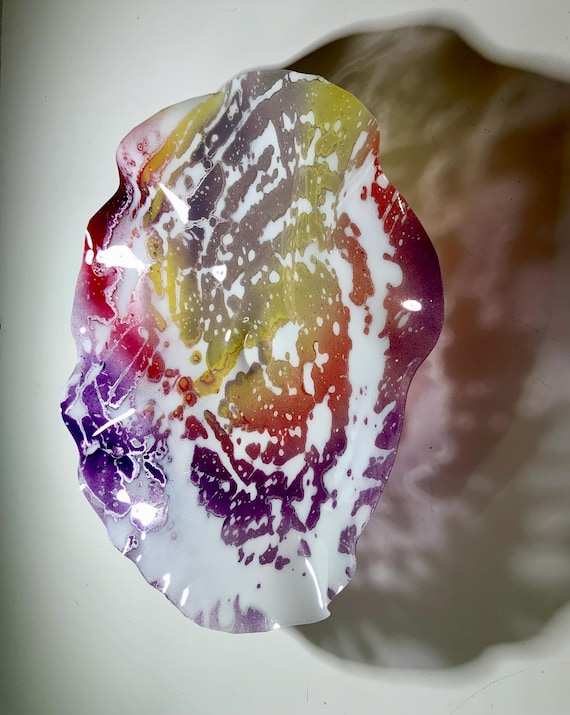 Handmade round wall sculpture recycled plastic 15” purple, red, yellow & white-  faux glass art -boho home decor