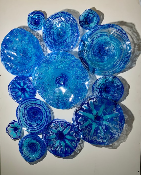 Made to order Wall Flower 13 monochromatic ocean blue up-cycled polymer- beach home decor-looks like glass large wall mount
