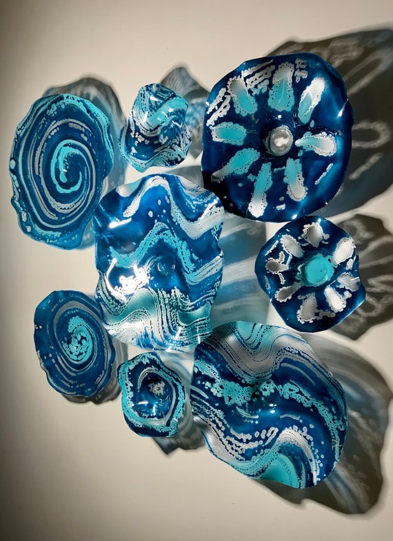 Made to order handmade Beach home decor wall sculpture set 8 Teal blue/aqua/Silver upcycled plastic/outdoor/looks like glass/large mural art