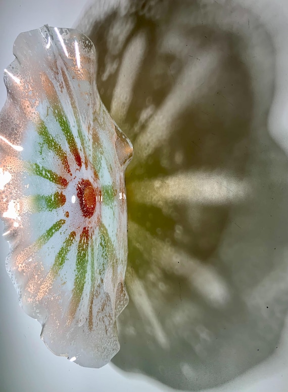 Unique Wall Flower eco art 15” handmade eco-friendly polymer /white/orange/green metallic silver/home decor looks like glass