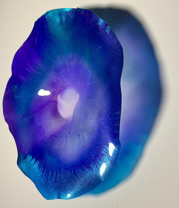 Flower Wall Mount Art - metallic teal & purple handmade from Recycled Plastic - 9” glass like look
