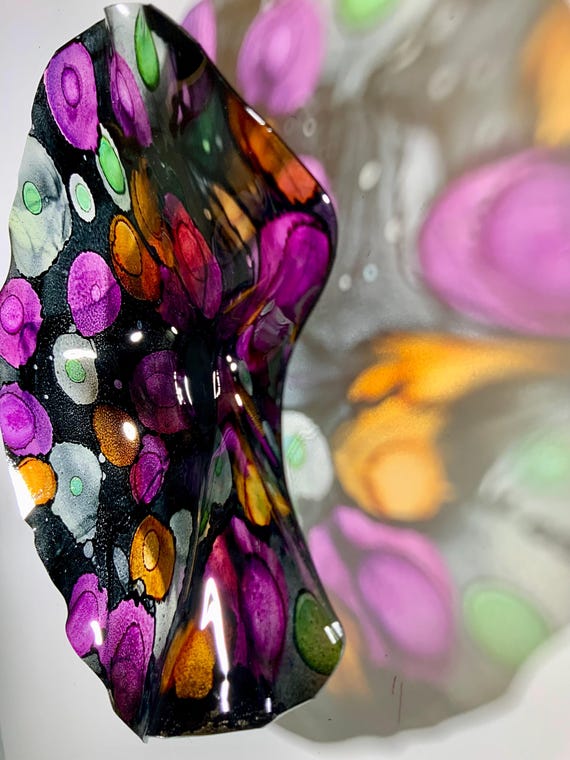 One of a kind Small Wall Flower 9” handmade eco friendly plastic  lack/pink/orange/green boho home decor/looks like glass