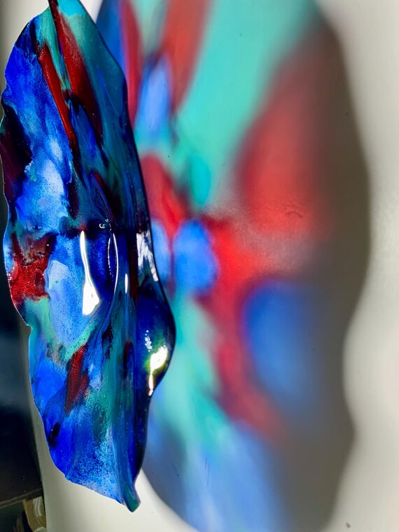 Blue/green/red Original Ocean Arts handmade recycled plastic wall flower small 9” looks like glass/coastal home wall hanging/cool eco art