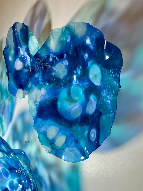 Ocean-Inspired Wallflower Set of 7- Unique Deep Blue, teal & purple - handmade from upcycled polymer, looks like glass